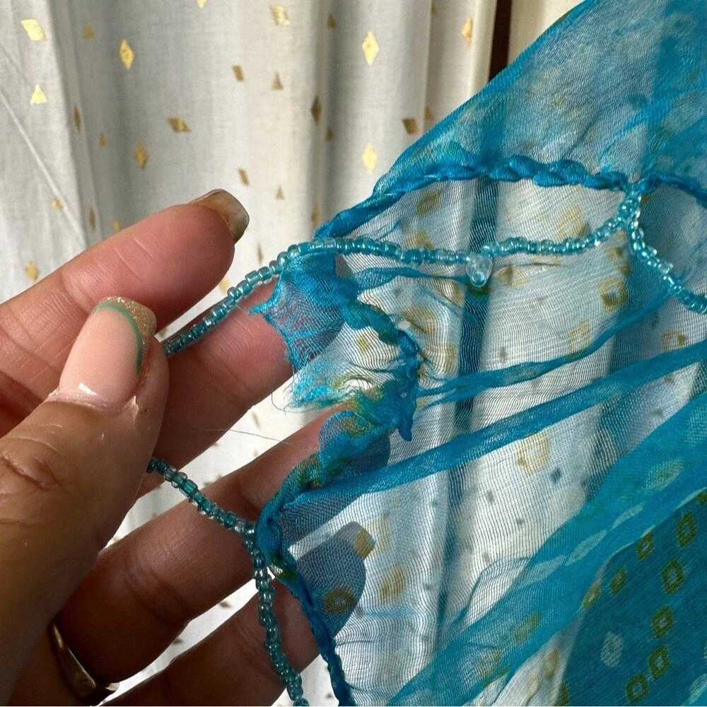 Unbranded Silky Sheer Bright Watercolor Ombre Beaded Trim Blue Pink Scarf Shawl